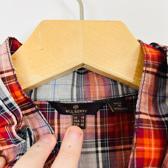 Mulberry Red and Blue Tartan Check Ruffle Front Classic Cotton Shirt UK 16 - Picture 7 of 13